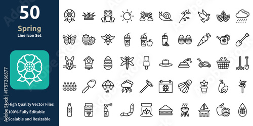 Spring icon set in Outline style. Minimilist and trendy Icon set. Containing Icons,Flower,Grass,Frog,Sun,Rainbow,Snail,Branch,and so on.