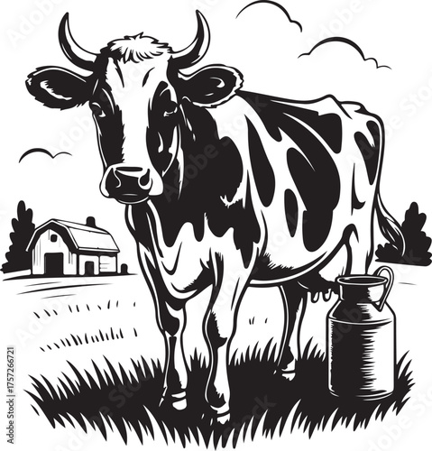 Dairy Farm Cow Illustration Countryside Milk Can Barn Peaceful Scene