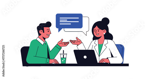 Engaging business conversation between colleagues with laptop and drink, sharing ideas and strategies in modern office for dynamic teamwork and collaboration