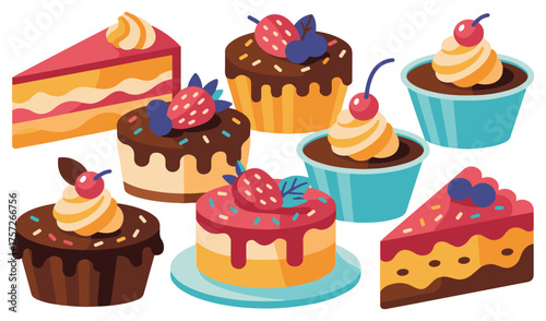 Colorful Cartoon Cake and Cupcake Set – Chocolate, Strawberry, and Berry Desserts Illustration