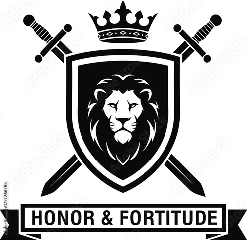 Lion coat of arms with swords and crown emblem