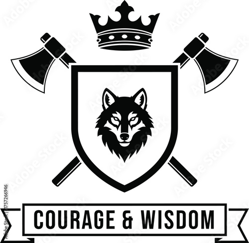 Wolf crest with axes and crown emblem courage and wisdom