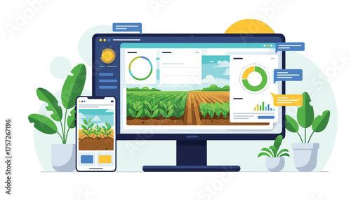 Modern farming technology for smart agriculture management on computer and mobile, showcasing crop data analysis and field monitoring with plants for a sustainable future