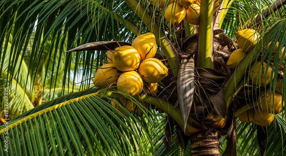 Fototapeta premium Low-angle view showing ripe golden coconuts growing beautifully on tall palm