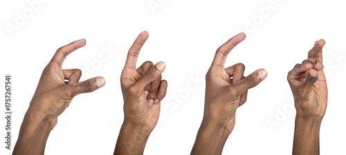 Hand sign with raised thumb and index in outstretched holding pose. Black skin male making