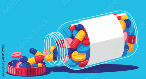 Colorful pills spilling from a bottle offer a vibrant, modern take on healthcare solutions and pharmaceutical advertising, conveying wellness and treatment options