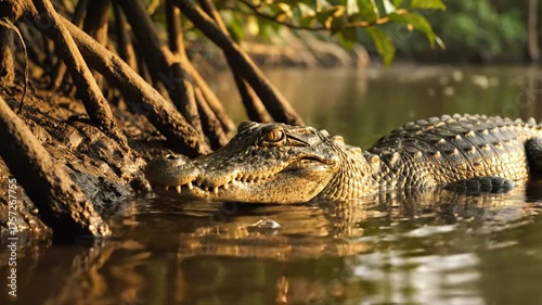 Alligator in water near vegetation sunlight reflecting wildlife nature