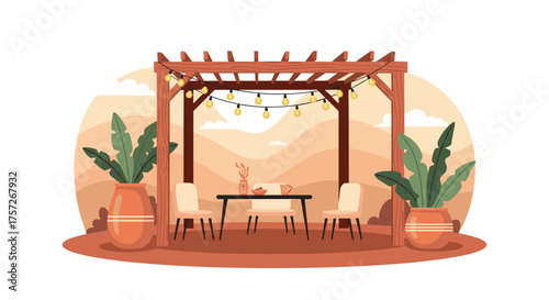 Charming outdoor dining scene with pergola and cafe lights, perfect for summer evenings and relaxing in a backyard oasis with decorative plants in pots