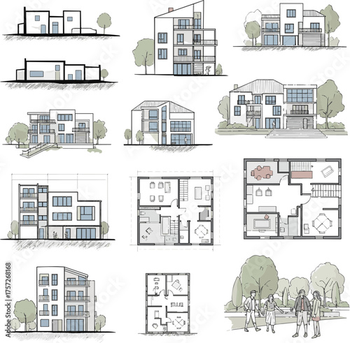 Isolated a Architectural Drawings, people in park out door, Minimal style hand drawn, set elements for architecture and landscape design. Sections, Elevations, Floor Plans. vector art .