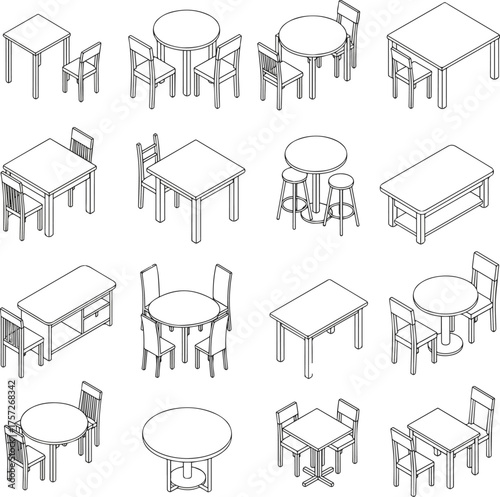 Isolated a kinds of deferent isometric table, chair line vector line vector art with white background..