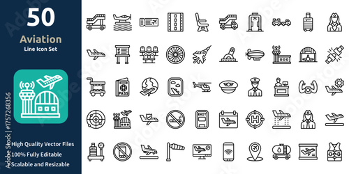 Aviation icon set in Outline style. Minimilist and trendy Icon set. Containing Icons,Airplane stairs,Seaplane,Plane ticket,Runway,Seat,Ladder truck,and so on.