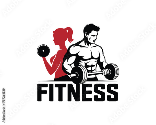 Fitness Logo: Male and Female Bodybuilders Lifting Dumbbells for Gym and Training