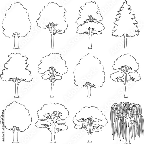 Isolated a kinds of deferent silhouette tree line drawing set, Side view, set of graphics trees elements outline symbol for architecture and landscape design drawing in stroke fill in vector art .