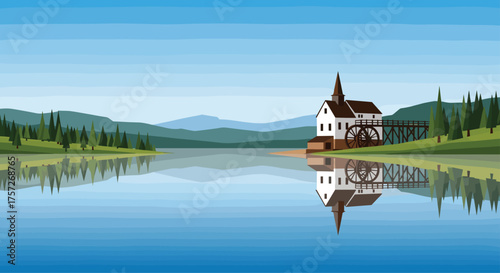 Peaceful lakeside living with this charming watermill surrounded by nature and reflecting in the clear water, perfect for relaxation and escape