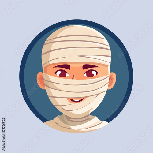 Cartoon mummy avatar with wrapped bandages smiling in circular frame design