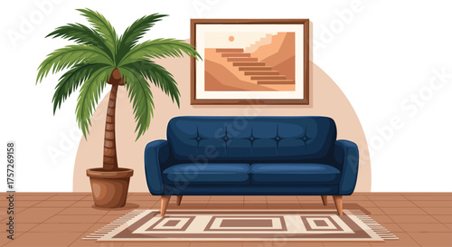 Charming living room scene with blue sofa, desert art, and potted palm, perfect for creating a cozy and inviting atmosphere for lifestyle designs