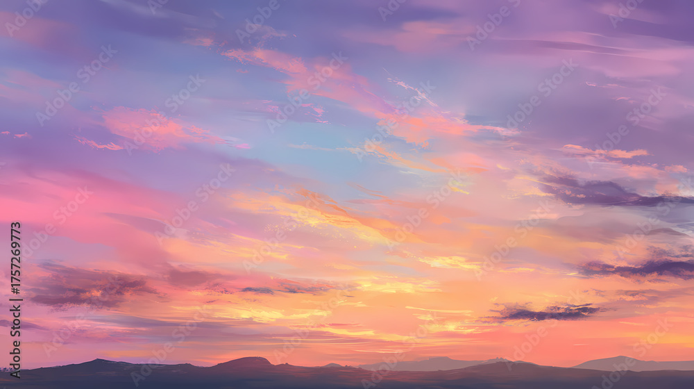 Fototapeta premium A vibrant sunset paints the sky with hues of pink, orange, and purple, with a mountainous silhouette in the distance
