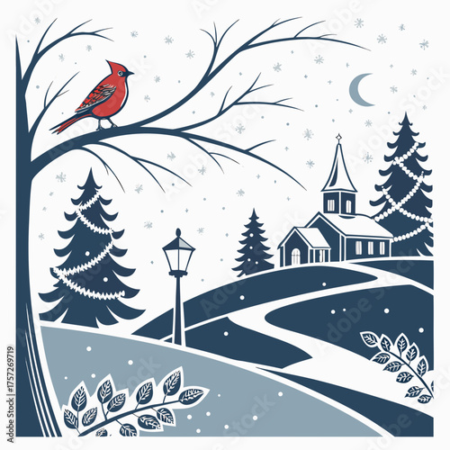Elegant winter scene vector illustration of a bullfinch bird on a branch with snowing village