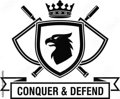 Heraldic emblem with eagle crown crossed swords and motto conquer and defend