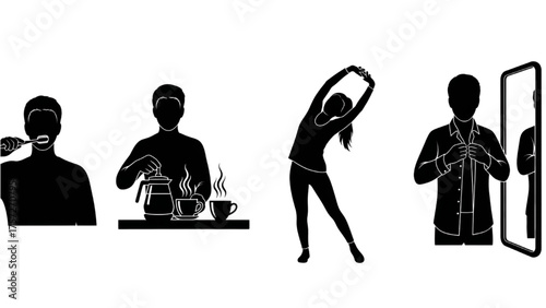 Morning Routine Silhouette Icon Set – High-Quality Vector Illustrations of People Drinking Coffee, Stretching, and Preparing for Work Representing a Fresh Start to Everyday Life