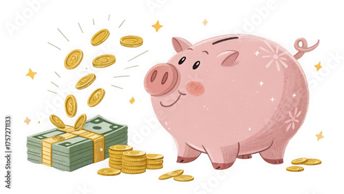 Pink piggy bank with money and coins isolated on transparent background