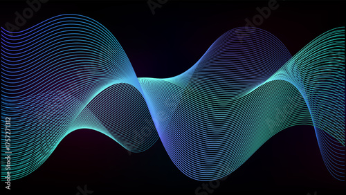 Abstract s pattern aurora in dark cosmos. Soundwave frequency spectrum gradation. Line electric connect of network or siri voice fractal fade. Digital ai beat flow wave