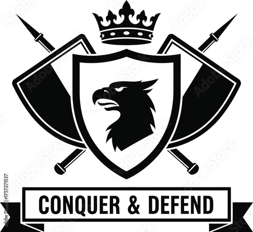 Military emblem with eagle shield and conquer defend banner