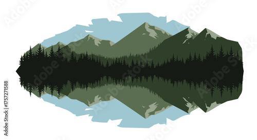 Serene mountain forest landscape reflected in calm lake water creating a symmetrical, peaceful, and breathtaking natural vista