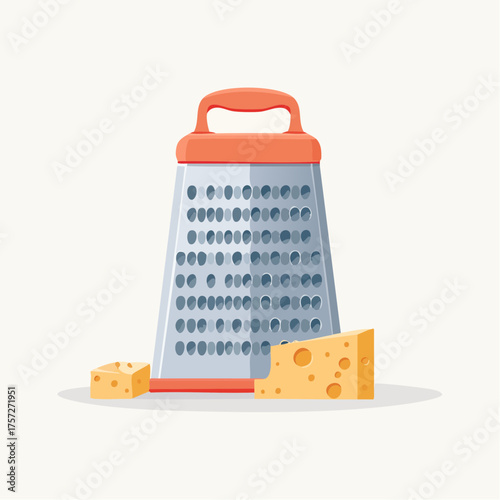 Vibrant vector illustration of a cheese grater and cheese pieces on bright backdrop