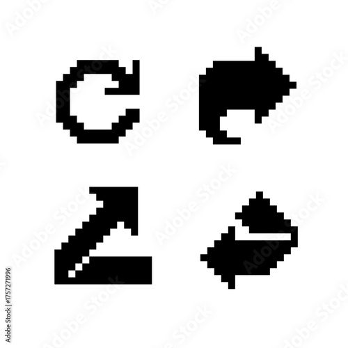 Set of 8-bit pixel arrows including circular, diagonal, and envelope-style icons. Retro black and white symbols perfect for classic games or digital interface elements.