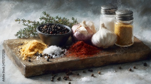 A rustic wooden board presents an artful arrangement of culinary ingredients including garlic peppercorns paprika turmeric and fresh herbs