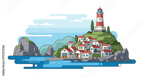 Charming coastal village with a prominent lighthouse guiding ships safely to shore, nestled amongst rolling green hills and rocky shores overlooking the ocean