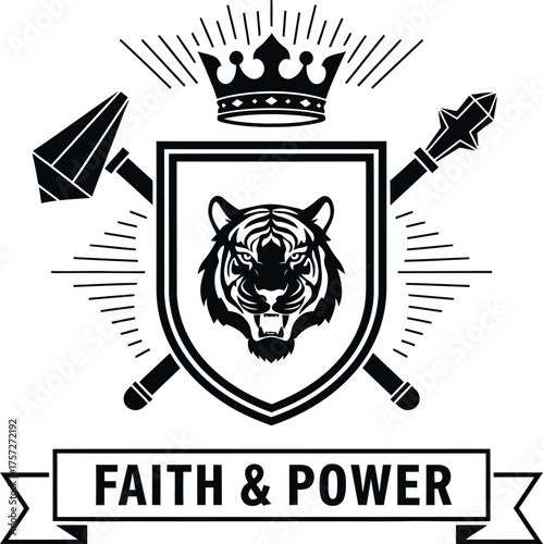 Tiger crest with crown hammer mace and faith power banner