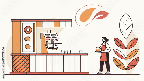 Modern coffee stand with barista holding takeaway cup near espresso machine