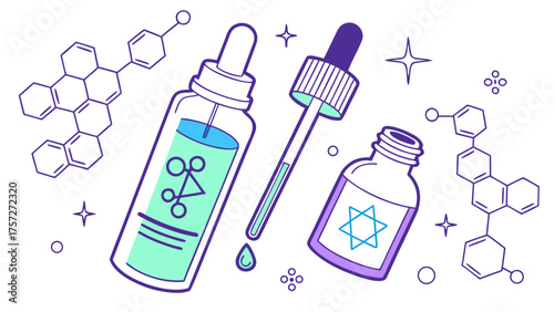 Colorful illustration of chemical dropper bottles with molecular structures around