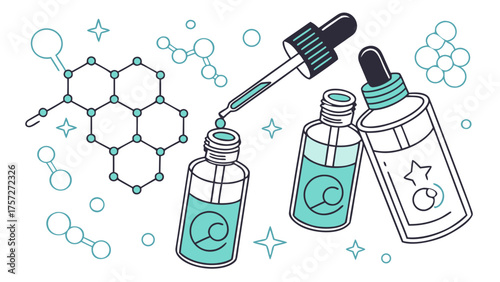 Scientific illustration of dropper bottles with liquid and molecular chemical structures