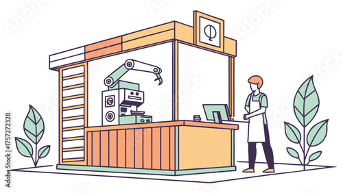 Automated coffee shop with robotic arm serving drinks and barista standing at counter