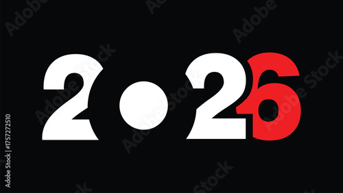 Stylized “2026” design with bold white and red digits on black background, modern abstract layout ideal for branding and event promotions