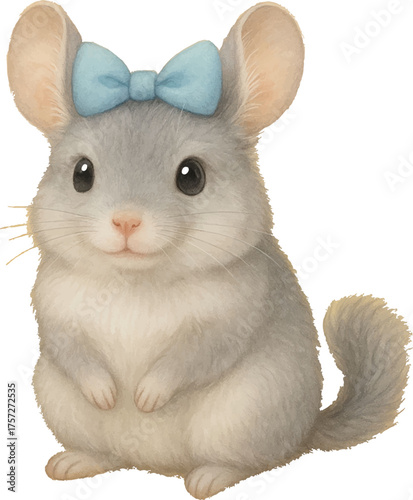 cute hamster with blue ribbon crayon style vector illustration