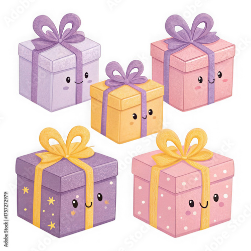 Cute cartoon gift boxes with faces isolated on transparent background
