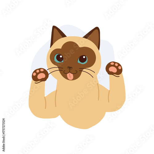 a siamese cat with big eyes and happy face with paws up and tongue out. kawaii animal art