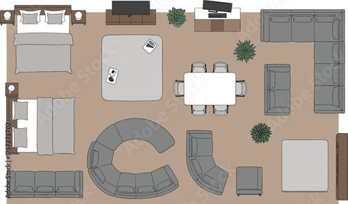 Room layout top view, vector illustration, CAD drawing, flat style, beds, sofas, dining table, desk, rugs, plants, TV