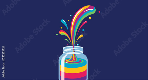 Vibrant rainbow paint explodes from a clear jar, symbolizing creativity, innovation, and an explosion of colorful ideas bursting forth with energy and imagination