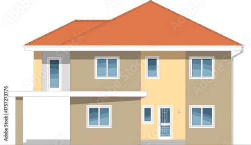 Residential house elevation, front view, vector illustration, CAD drawing, flat style, pitched roof, balcony, carport, windows, entrance