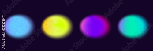 Glowing blur mesh vibrant neon blobs. Abstract round shapes in blue, yellow, and purple tones shining