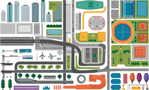 Urban city layout, infrastructure illustration, vector drawing, CAD style, airport, harbor, stadium, roads, railway station, buildings, parks