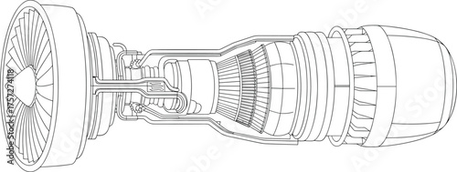 Jet engine cross-section, turbofan structure, vector illustration, CAD drawing, flat style, compressor, turbine, combustion chamber, nozzle, fan