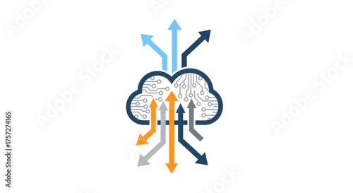 Abstract illustration of cloud computing and data exchange with multiple colored arrows indicating input and output processes.