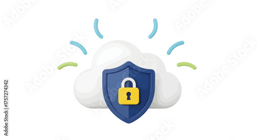 Cloud computing security concept with a shield and padlock, symbolizing data protection and privacy in a digital environment.
