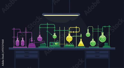 Vibrant science laboratory setup with colorful bubbling beakers and complex chemical apparatus glowing under bright overhead light, perfect for innovation and discovery concepts